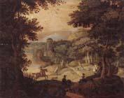 unknow artist a wooded landscape with a hunting party at the edge of a lake,a castle beyond china oil painting image